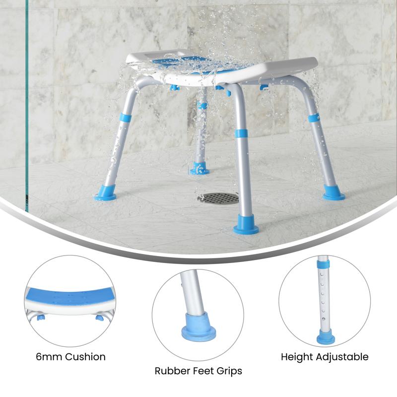 Flash Furniture HERCULES Padded Shower Stool With Adjustable Height Non-Slip Feet And Seat Pad In White/Blue