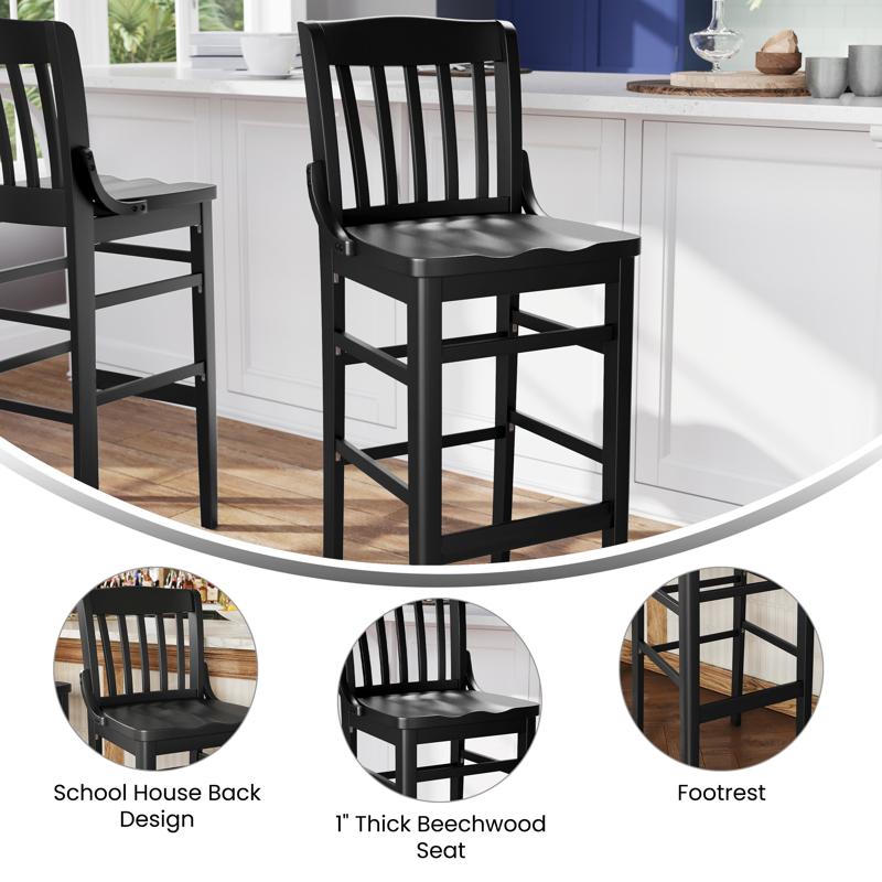 Flash Furniture HERCULES School House Back Black Wood Restaurant Barstool