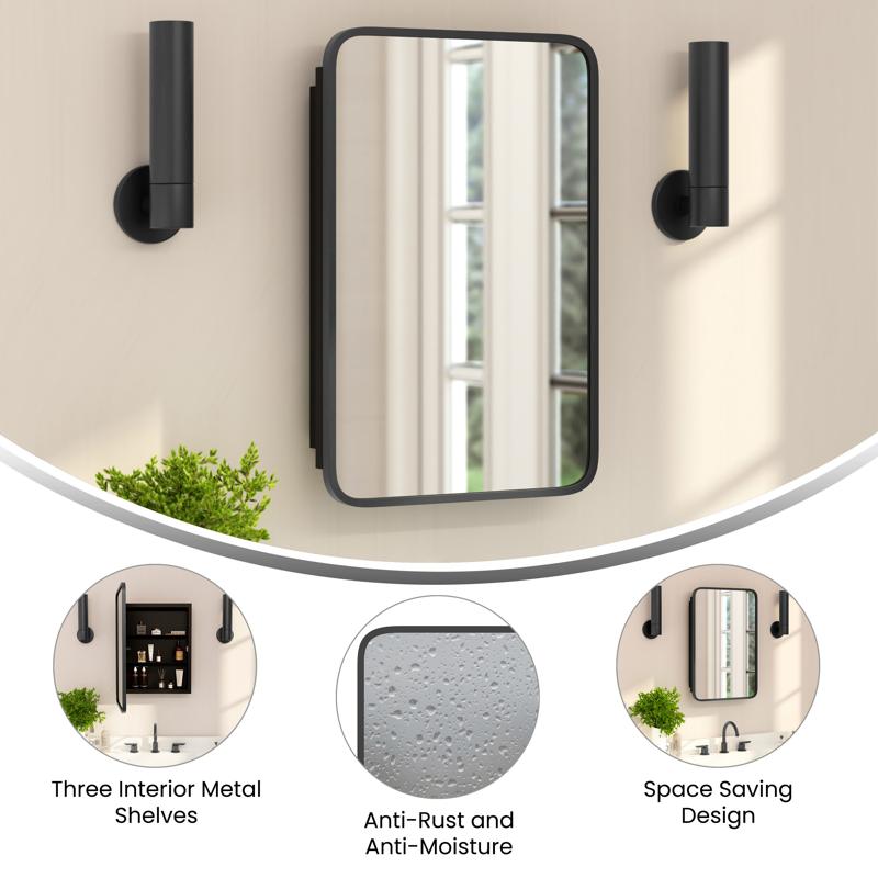 Flash Furniture Jolie 16" X 24" Recessed Bathroom Medicine Cabinet With Rounded Beveled Mirror And Reversible Metal Frame In Black
