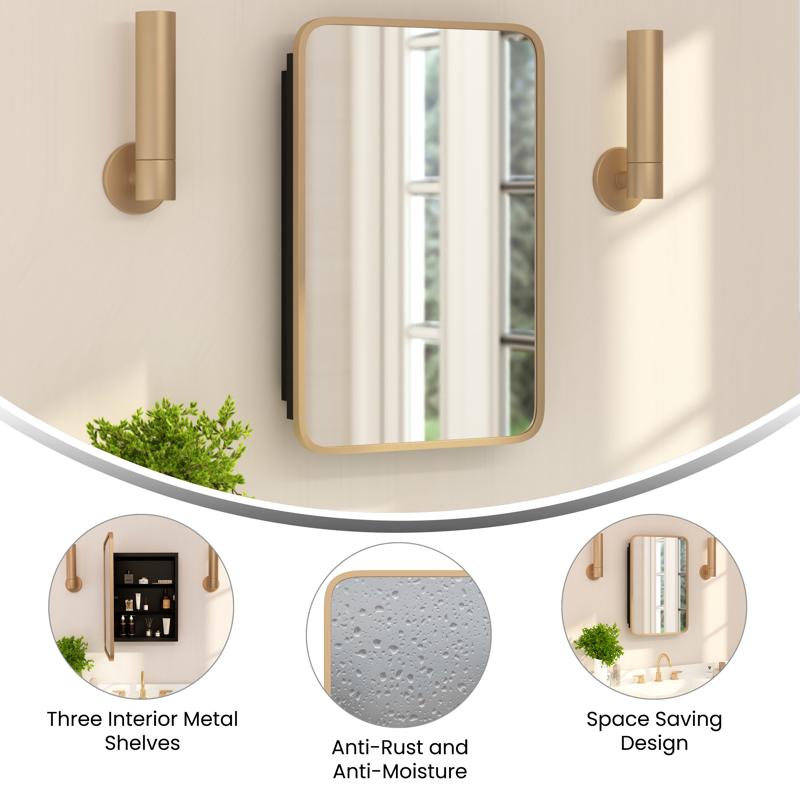 Flash Furniture Jolie 16" X 24" Recessed Bathroom Medicine Cabinet With Rounded Beveled Mirror And Reversible Metal Frame In Gold