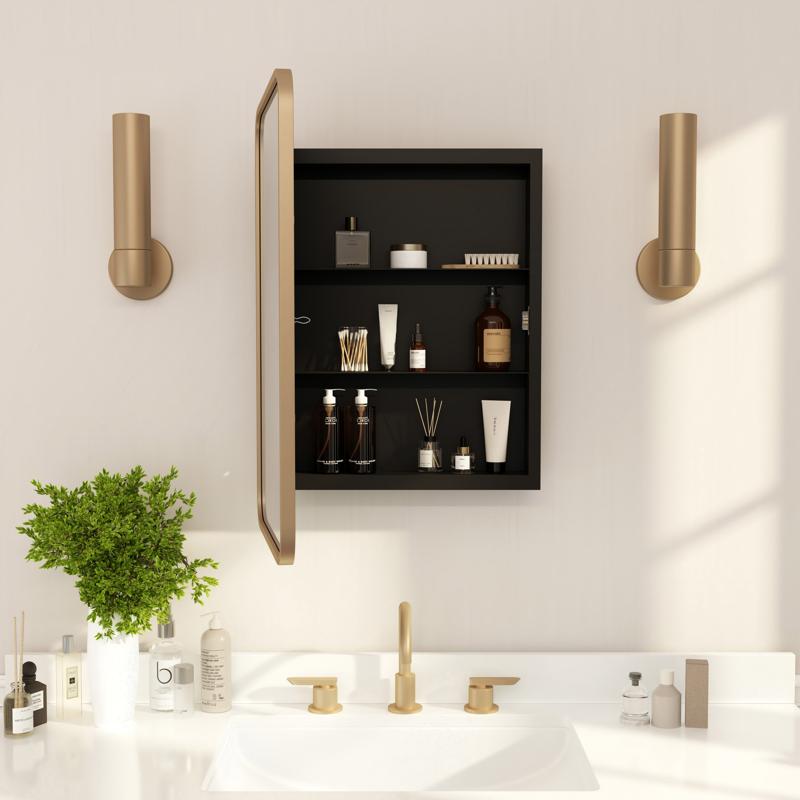 flash furniture Jolie 16" x 24" Recessed Bathroom Medicine Cabinet with Rounded Beveled Mirror and Reversible Metal Frame in Gold