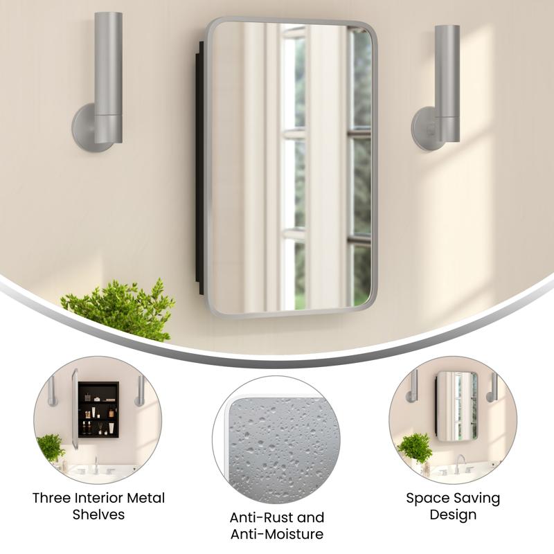 Flash Furniture Jolie 16" X 24" Recessed Bathroom Medicine Cabinet With Rounded Beveled Mirror And Reversible Metal Frame In Silver