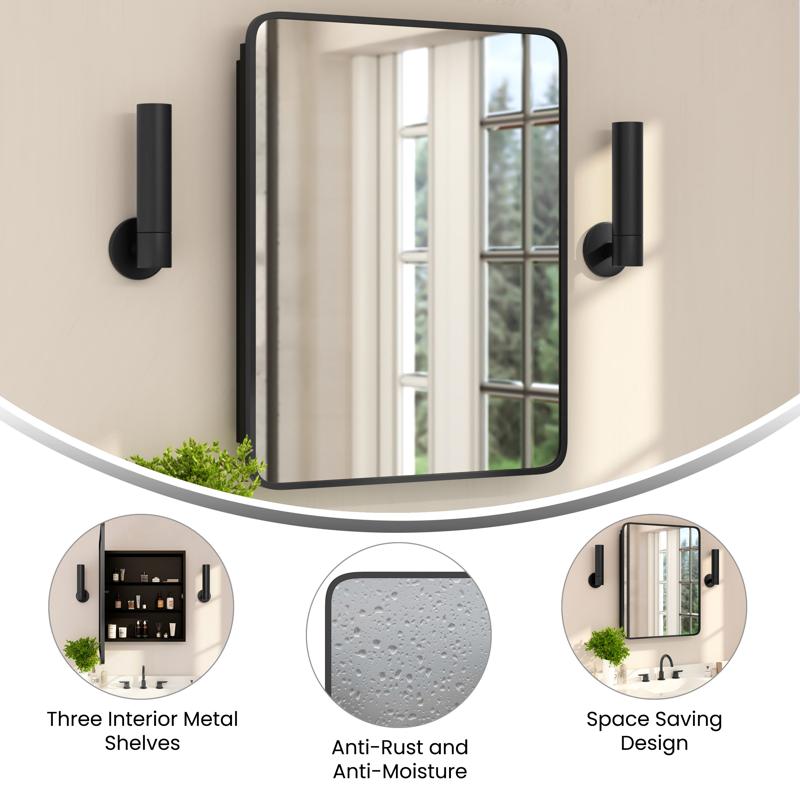 Flash Furniture Jolie 24" X 30" Recessed Bathroom Medicine Cabinet With Rounded Beveled Mirror And Reversible Metal Frame In Black