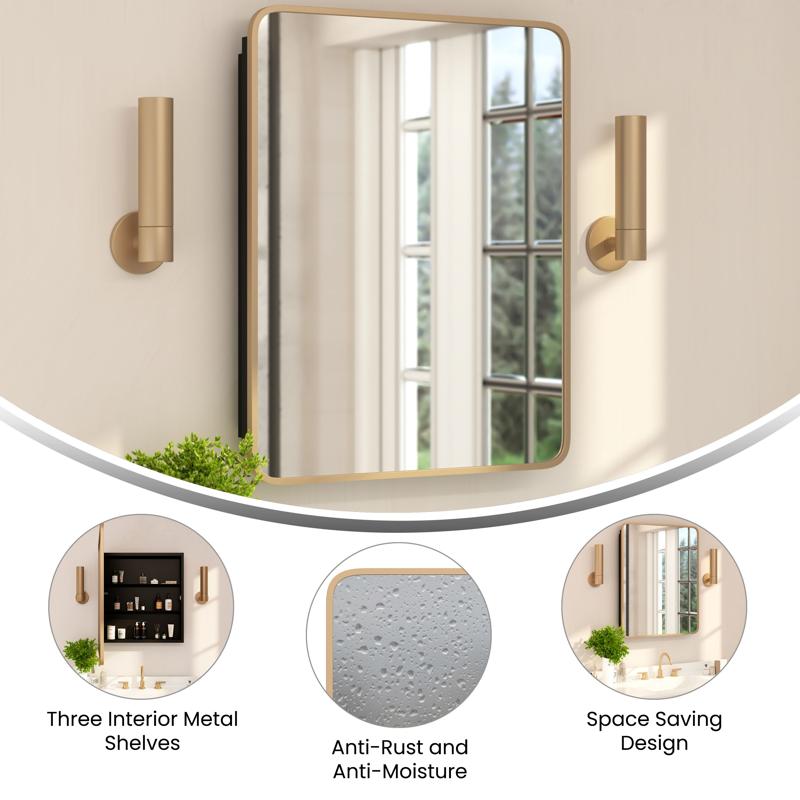 Flash Furniture Jolie 24" X 30" Recessed Bathroom Medicine Cabinet With Rounded Beveled Mirror And Reversible Metal Frame In Gold