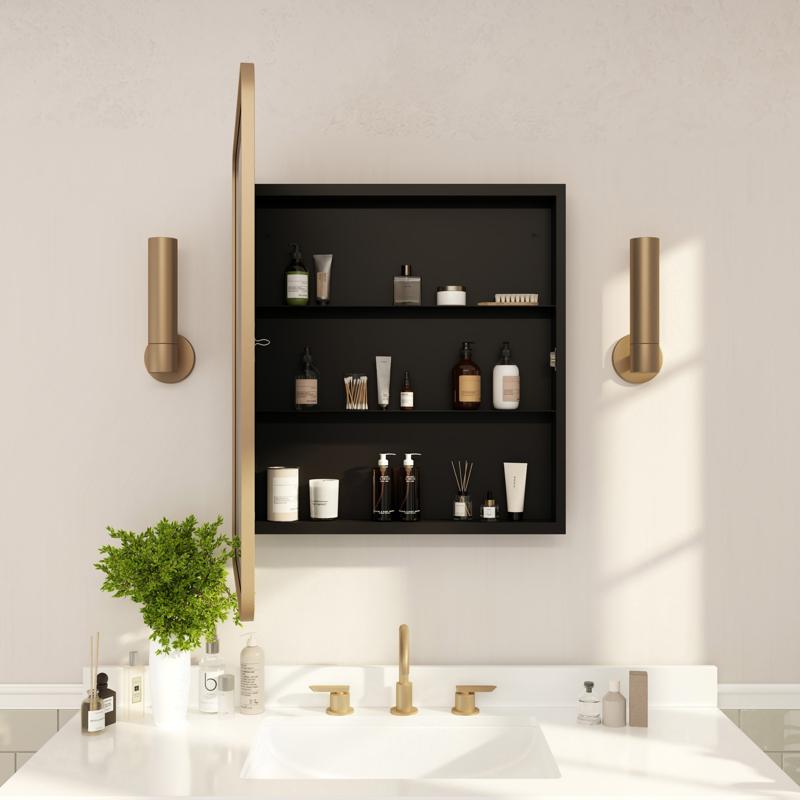 flash furniture Jolie 24" x 30" Recessed Bathroom Medicine Cabinet with Rounded Beveled Mirror and Reversible Metal Frame in Gold