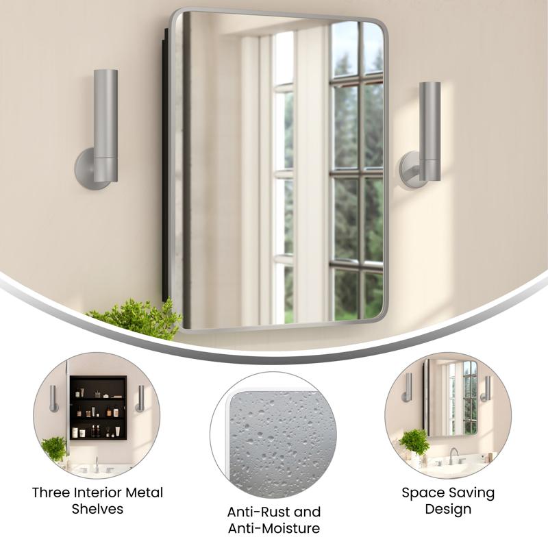 Flash Furniture Jolie 24" X 30" Recessed Bathroom Medicine Cabinet With Rounded Beveled Mirror And Reversible Metal Frame In Silver