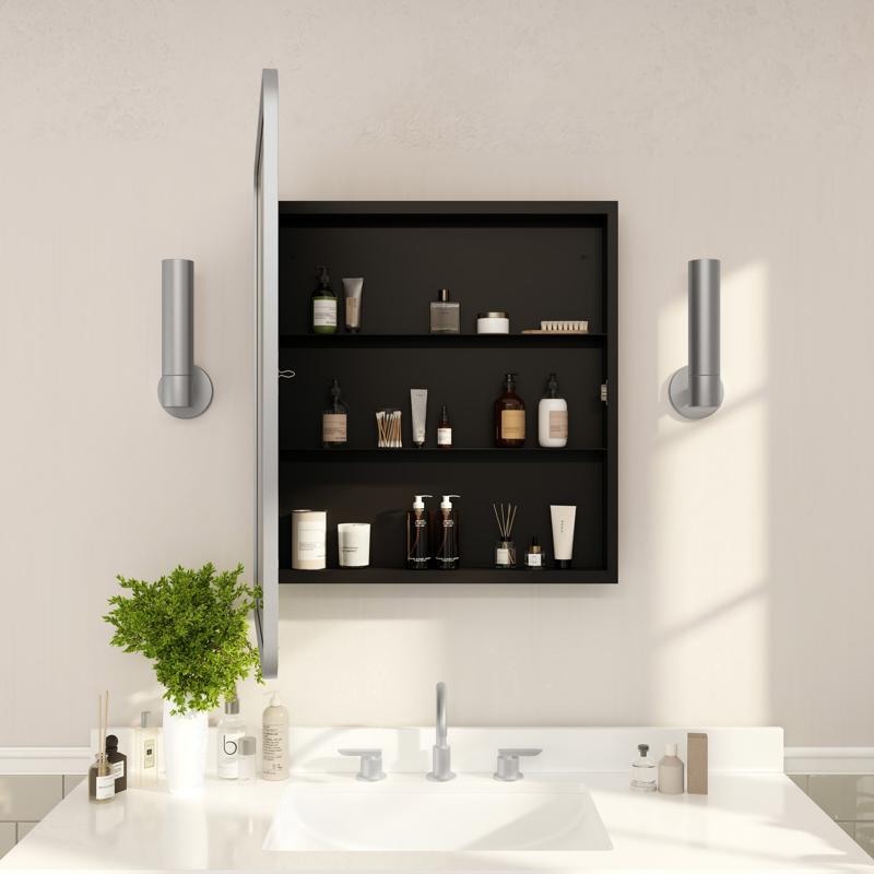 flash furniture Jolie 24" x 30" Recessed Bathroom Medicine Cabinet with Rounded Beveled Mirror and Reversible Metal Frame in Silver