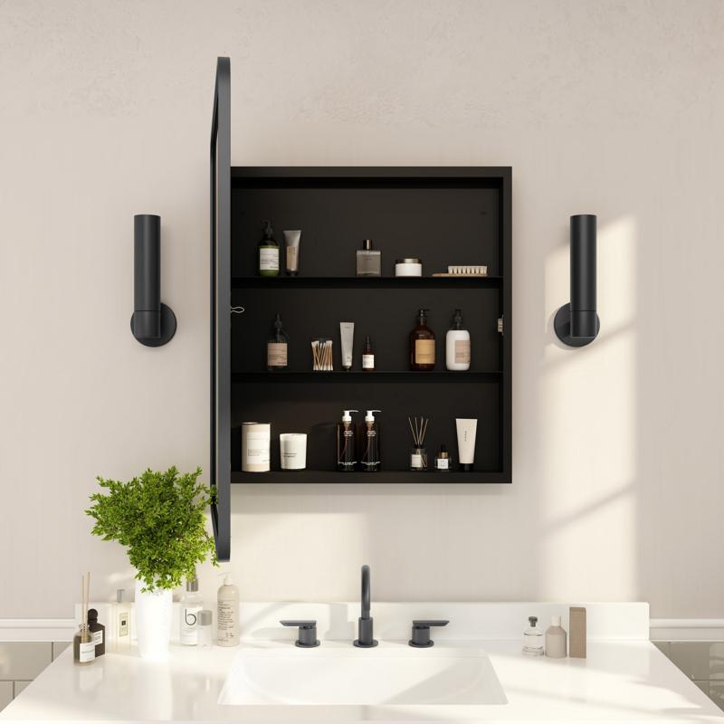 flash furniture Jolie 24" x 30" Recessed Bathroom Medicine Cabinet with Rounded Beveled Mirror and Reversible Metal Frame in Black