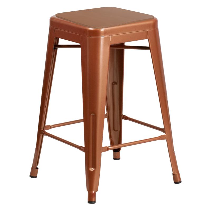 flash furniture Kai Commercial Grade 24" High Backless Copper Metal Indoor-Outdoor Bar Height Stool with Teak All-Weather Polystyrene Seat