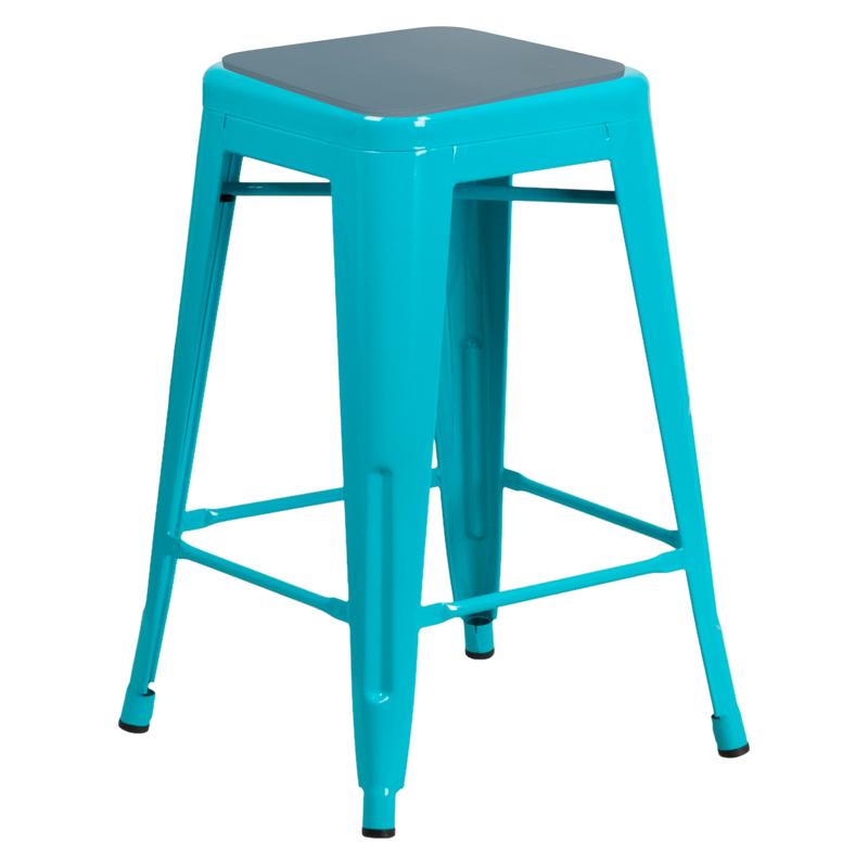 flash furniture Kai Commercial Grade 24" High Backless Crystal Blue-Teal Metal Indoor-Outdoor Bar Height Stool with Teal All-Weather Polystyrene Seat