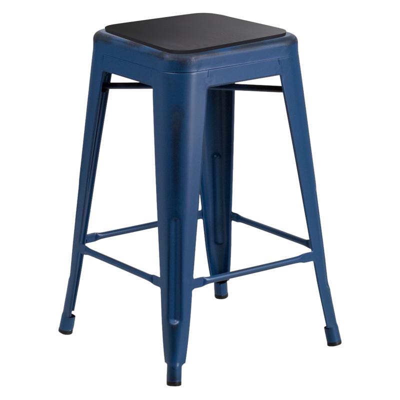 flash furniture Kai Commercial Grade 24" High Backless Distressed Antique Blue Metal Indoor-Outdoor Counter Height Stool with Black All-Weather Polystyrene Seat