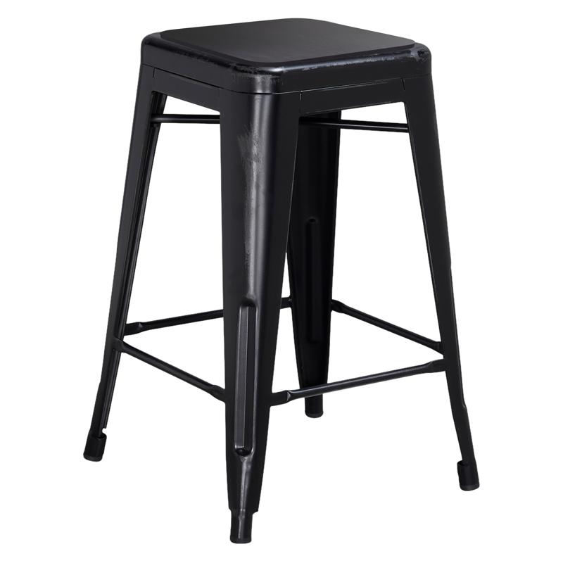 flash furniture Kai Commercial Grade 24" High Backless Distressed Black Metal Indoor-Outdoor Counter Height Stool with Black All-Weather Polystyrene Seat
