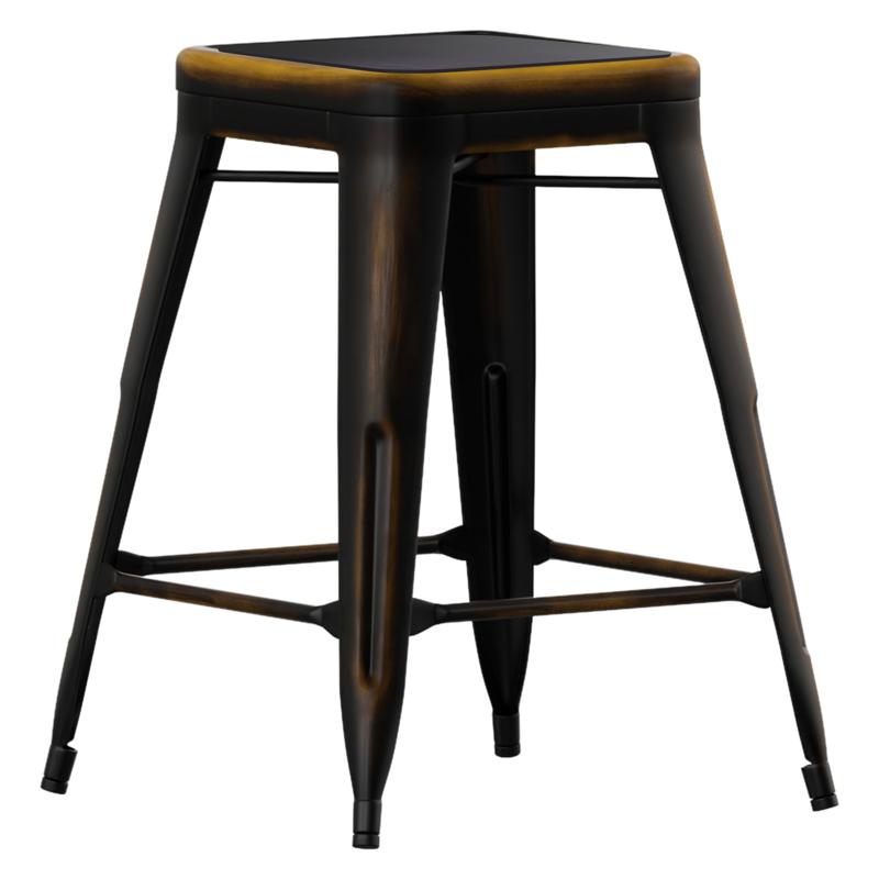 flash furniture Kai Commercial Grade 24" High Backless Distressed Copper Metal Indoor-Outdoor Counter Height Stool with Black All-Weather Polystyrene Seat