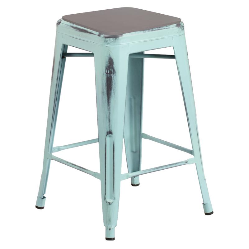 flash furniture Kai Commercial Grade 24" High Backless Distressed Green-Blue Metal Indoor-Outdoor Counter Height Stool with Gray All-Weather Polystyrene Seat