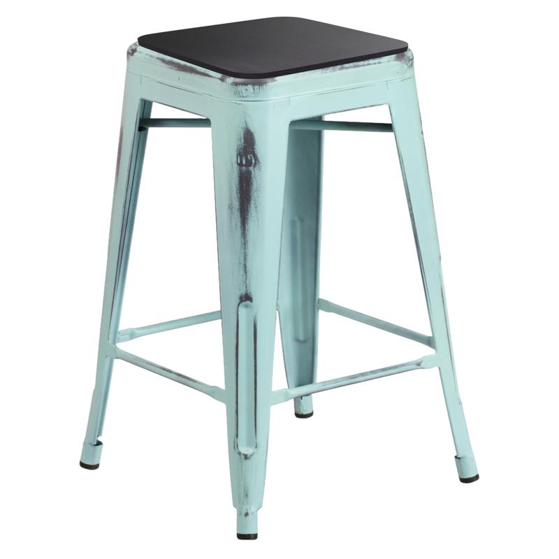 flash furniture Kai Commercial Grade 24" High Backless Distressed Green-Blue Metal Indoor-Outdoor Counter Height Stool with Black All-Weather Polystyrene Seat