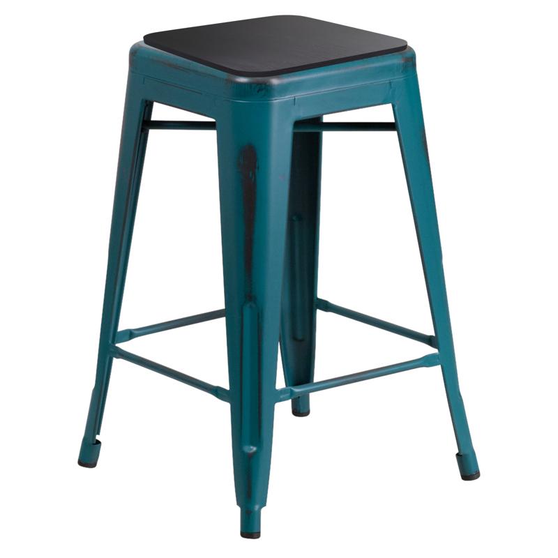 flash furniture Kai Commercial Grade 24" High Backless Distressed Kelly Blue-Teal Metal Indoor-Outdoor Counter Height Stool with Black All-Weather Polystyrene Seat