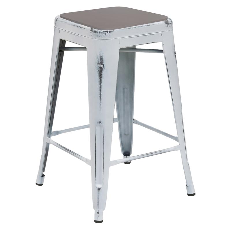 flash furniture Kai Commercial Grade 24" High Backless Distressed White Metal Indoor-Outdoor Counter Height Stool with Gray All-Weather Polystyrene Seat