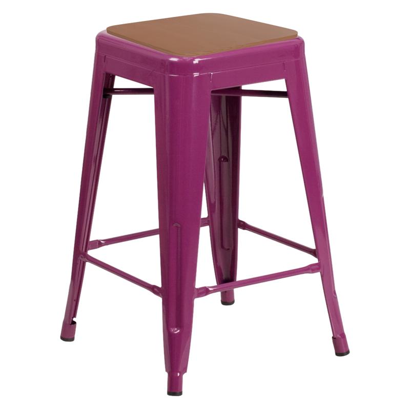 flash furniture Kai Commercial Grade 24" High Backless Purple Metal Indoor-Outdoor Bar Height Stool with Teak All-Weather Polystyrene Seat