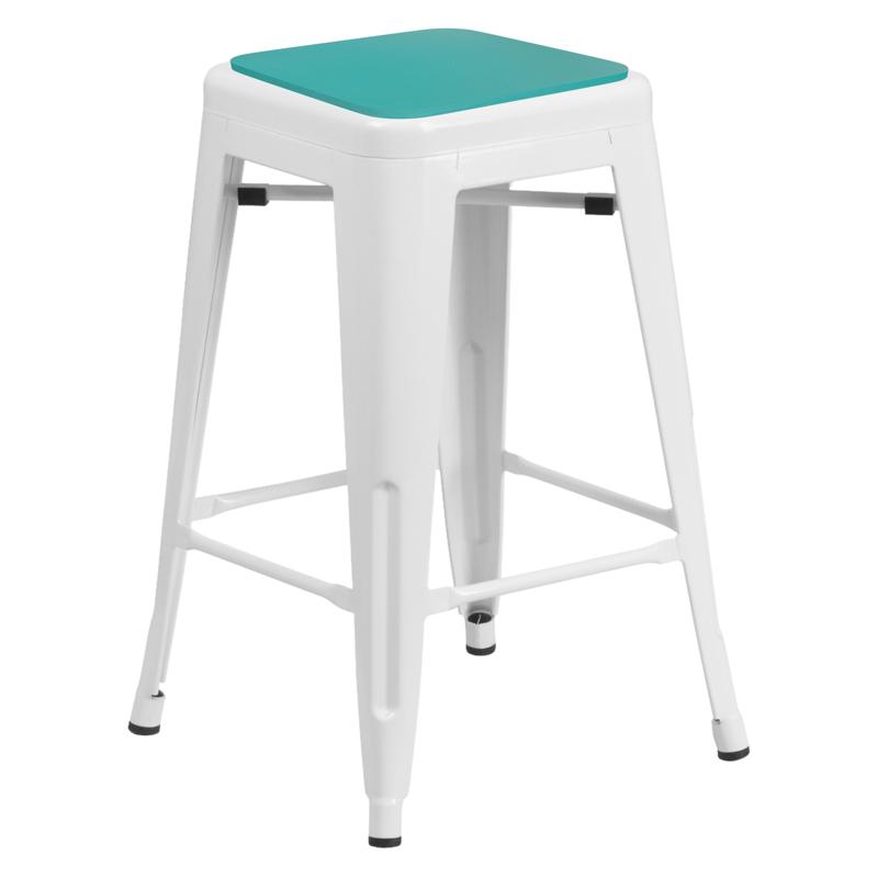 flash furniture Kai Commercial Grade 24" High Backless White Metal Indoor-Outdoor Counter Height Stool with Mint Green Poly Resin Wood Seat