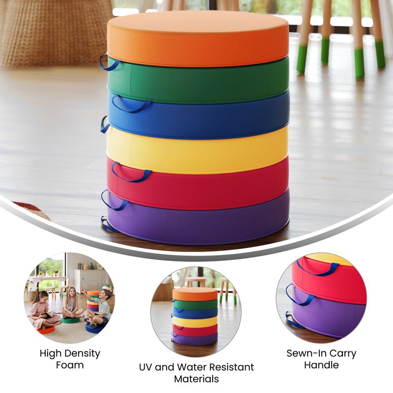 Flash Furniture Kylie 6 Piece 16 Inch Round Floor Cushions For Kids With Handles In Commercial Grade Plastic - Assorted Primary Colors