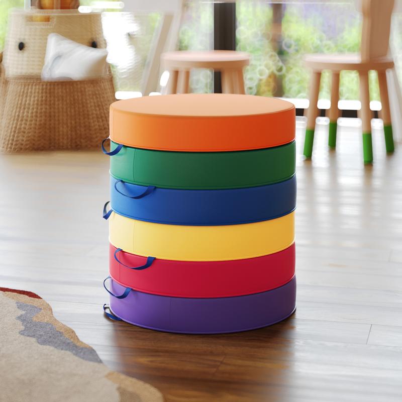 flash furniture Kylie 6 Piece 16 Inch Round Floor Cushions for Kids with Handles in Commercial Grade Plastic - Assorted Primary Colors