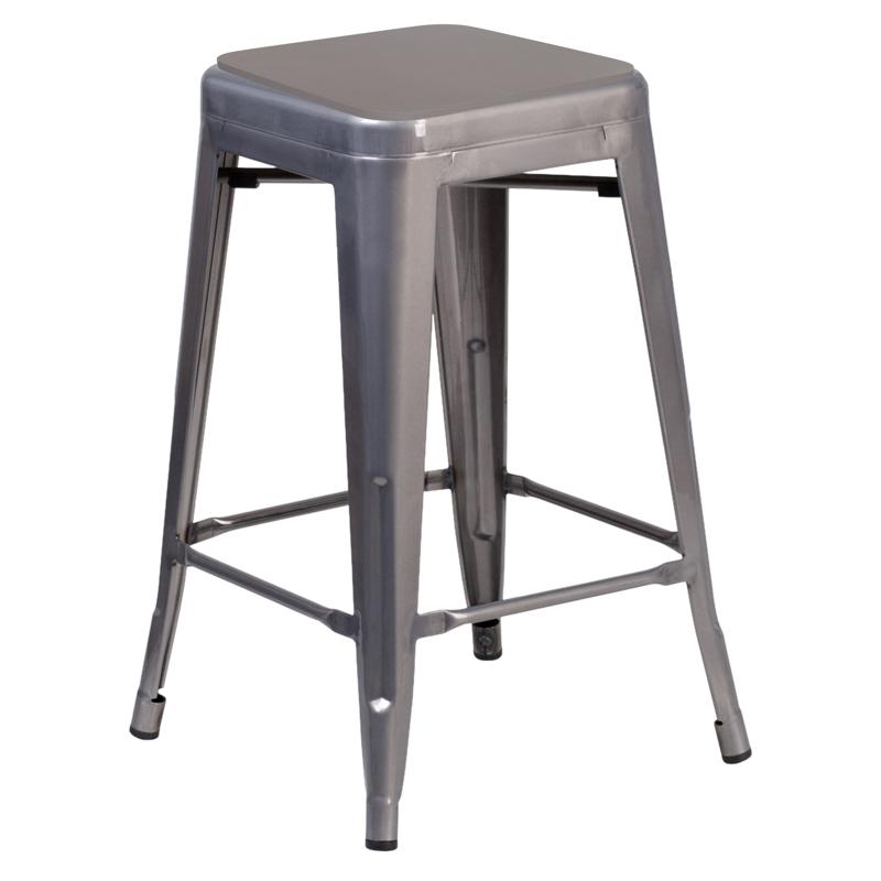 flash furniture Lincoln 24" Commercial Grade Silver Antique Finish with Clear Coat Metal Indoor Backless Counter Height Stool with Gray Polystyrene Seat