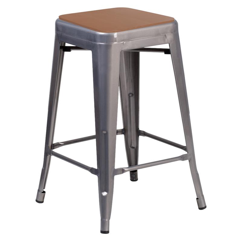 flash furniture Lincoln 24" Commercial Grade Silver Antique Finish with Clear Coat Metal Indoor Backless Counter Height Stool with Teak Polystyrene Seat