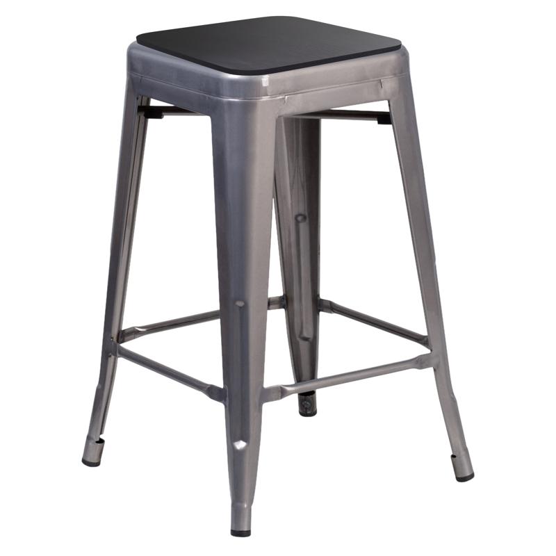 flash furniture Lincoln 24" Commercial Grade Silver Antique Finish with Clear Coat Metal Indoor Backless Counter Height Stool with Black Polystyrene Seat