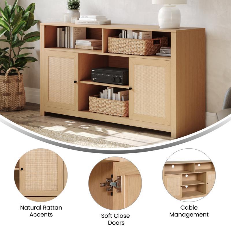 Flash Furniture Malaki Mid-Century Modern 58 Inch Buffet Sideboard With 2 Soft Close Doors And Adjustable Center Shelf TV Stand For Up To 65" TV's Natural/Rattan