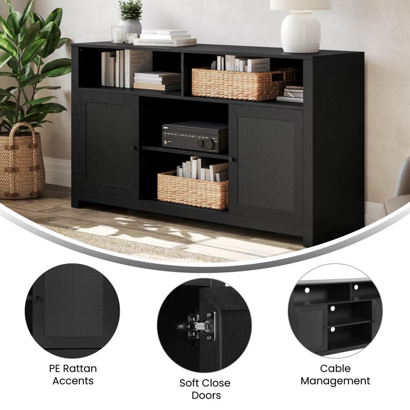 Flash Furniture Malaki Mid-Century Modern 58 Inch Buffet Sideboard With 2 Soft Close Doors And Adjustable Center Shelf TV Stand For Up To 65" TV's Black/Rattan
