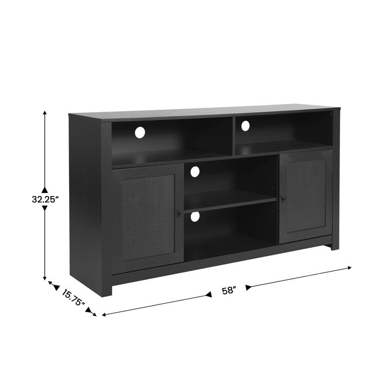 Flash Furniture Malaki Mid-Century Modern 58 Inch Buffet Sideboard With 2 Soft Close Doors And Adjustable Center Shelf TV Stand For Up To 65" TV's Black/Rattan