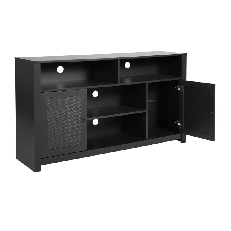 Flash Furniture Malaki Mid-Century Modern 58 Inch Buffet Sideboard With 2 Soft Close Doors And Adjustable Center Shelf TV Stand For Up To 65" TV's Black/Rattan
