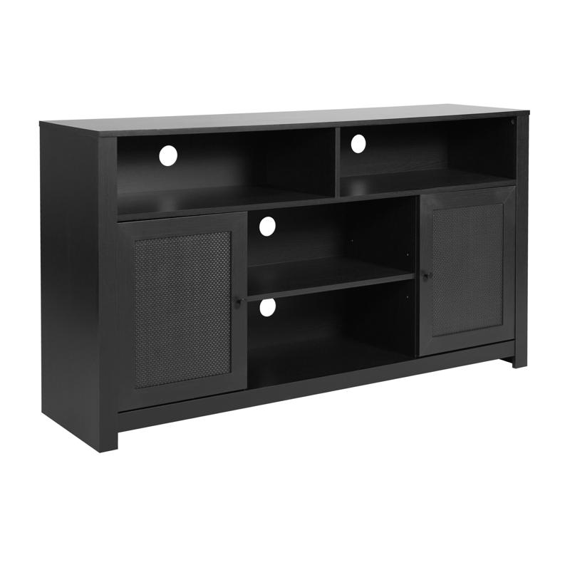 flash furniture Malaki Mid-Century Modern 58 Inch Buffet Sideboard with 2 Soft Close Doors and Adjustable Center Shelf TV Stand for up to 65" TV's Black/Rattan