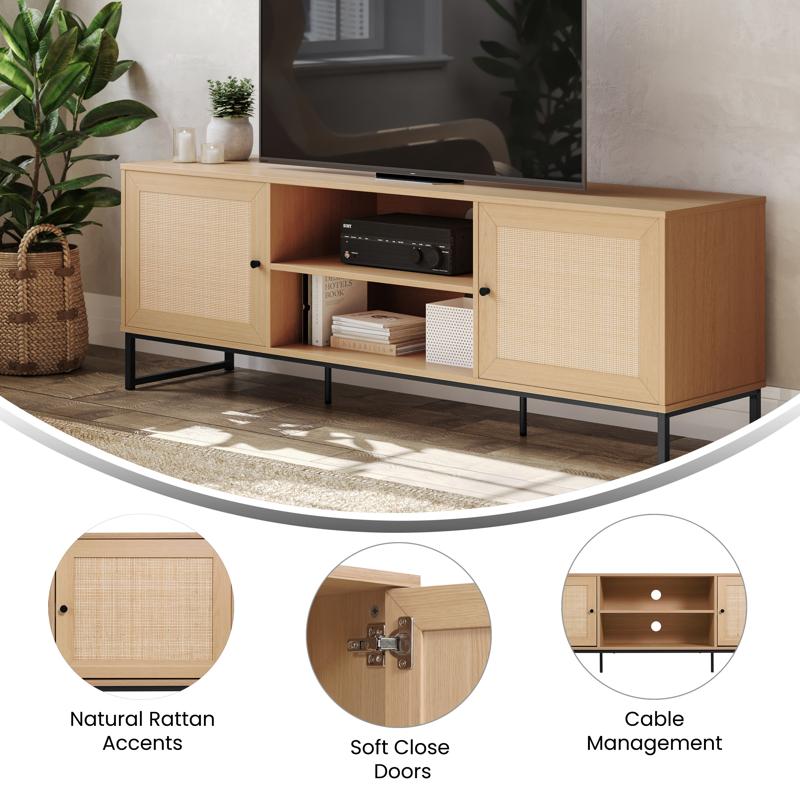 Flash Furniture Malaki Mid-Century Modern 65 Inch TV Stand With 2 Rattan Soft Close Doors And Fixed Center Shelf TV Stand For Up To 70" TV's In Natural