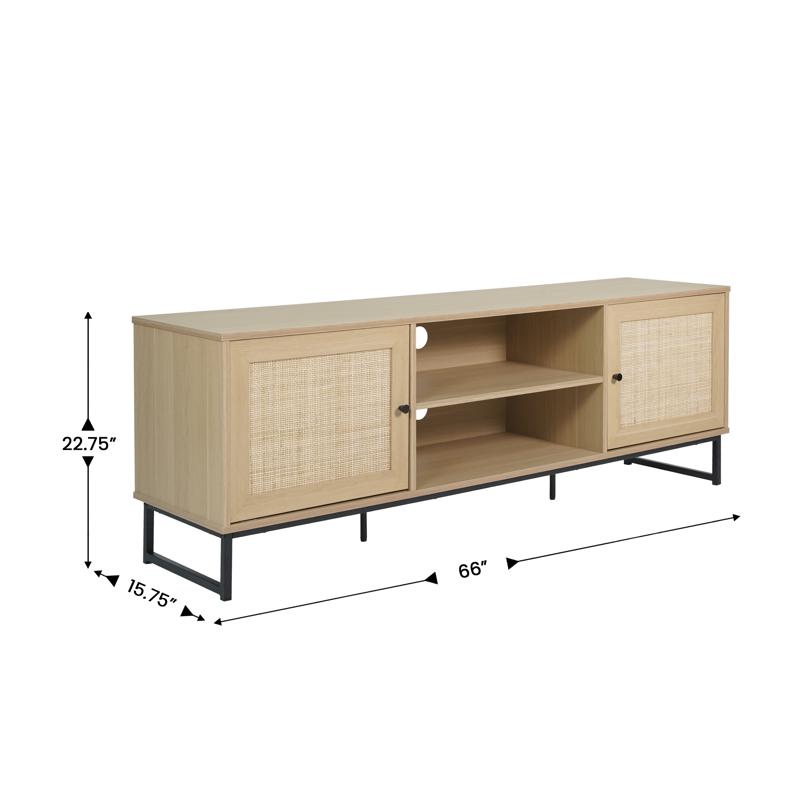 Flash Furniture Malaki Mid-Century Modern 65 Inch TV Stand With 2 Rattan Soft Close Doors And Fixed Center Shelf TV Stand For Up To 70" TV's In Natural