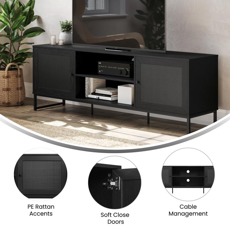 Flash Furniture Malaki Mid-Century Modern 65 Inch TV Stand With 2 Rattan Soft Close Doors And Fixed Center Shelf TV Stand For Up To 70" TV's In Black