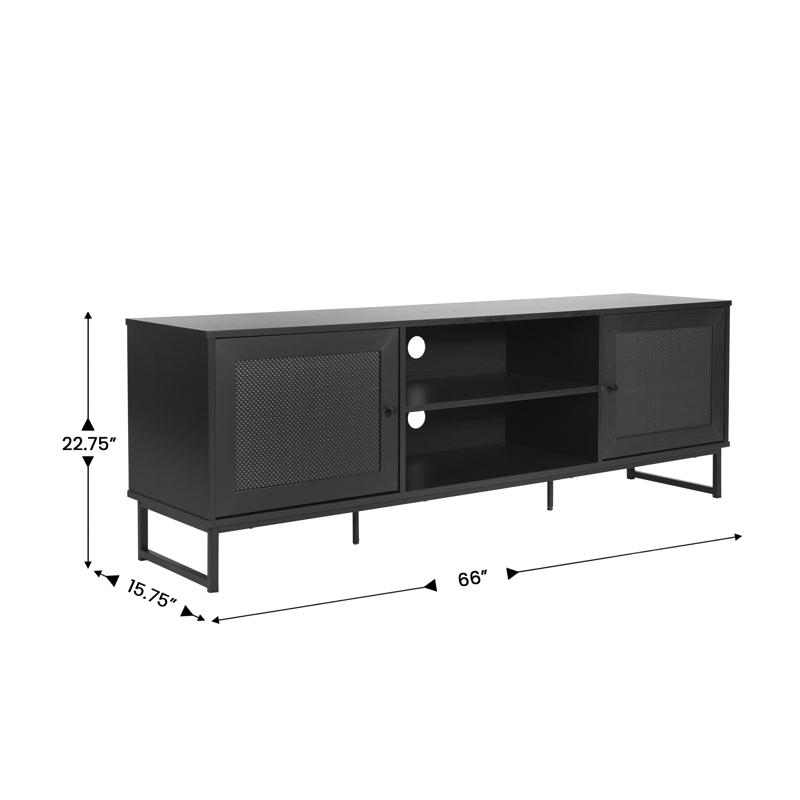 Flash Furniture Malaki Mid-Century Modern 65 Inch TV Stand With 2 Rattan Soft Close Doors And Fixed Center Shelf TV Stand For Up To 70" TV's In Black
