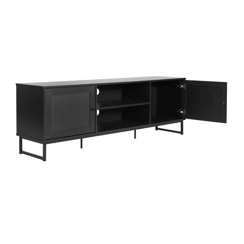 Flash Furniture Malaki Mid-Century Modern 65 Inch TV Stand With 2 Rattan Soft Close Doors And Fixed Center Shelf TV Stand For Up To 70" TV's In Black