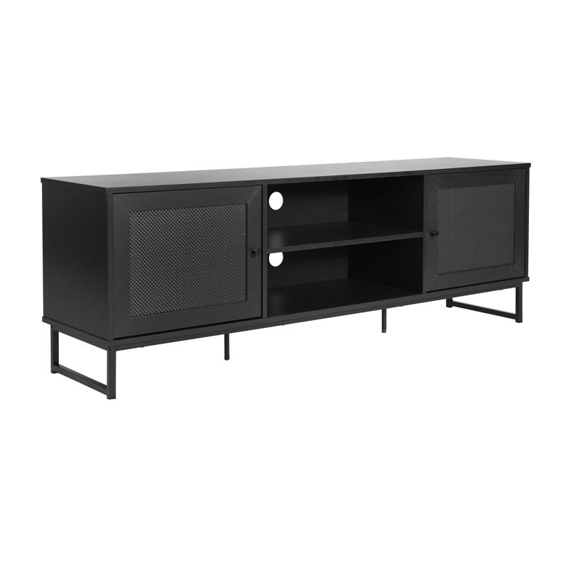 flash furniture Malaki Mid-Century Modern 65 Inch TV Stand with 2 Rattan Soft Close Doors and Fixed Center Shelf TV Stand for up to 70" TV's in Black