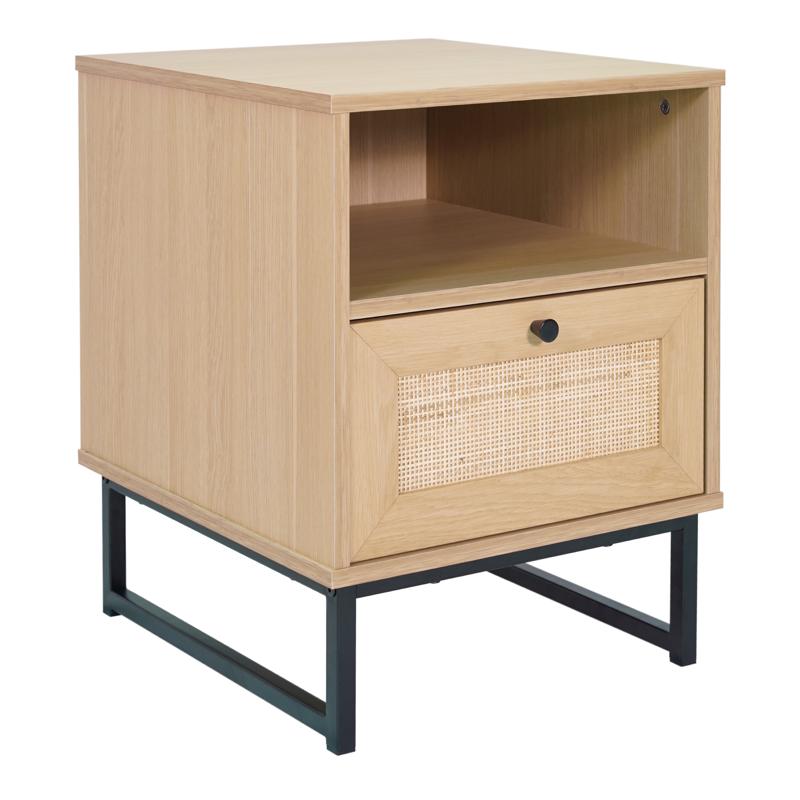 Flash Furniture Malaki Mid-Century Modern Nightstand Or End Table With Rattan Accented Drawer Open Upper Shelf And Metal Legs In Natural