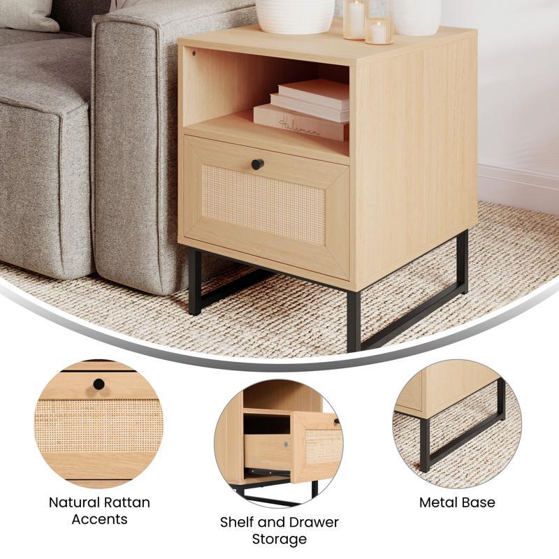 Flash Furniture Malaki Mid-Century Modern Nightstand Or End Table With Rattan Accented Drawer Open Upper Shelf And Metal Legs In Natural