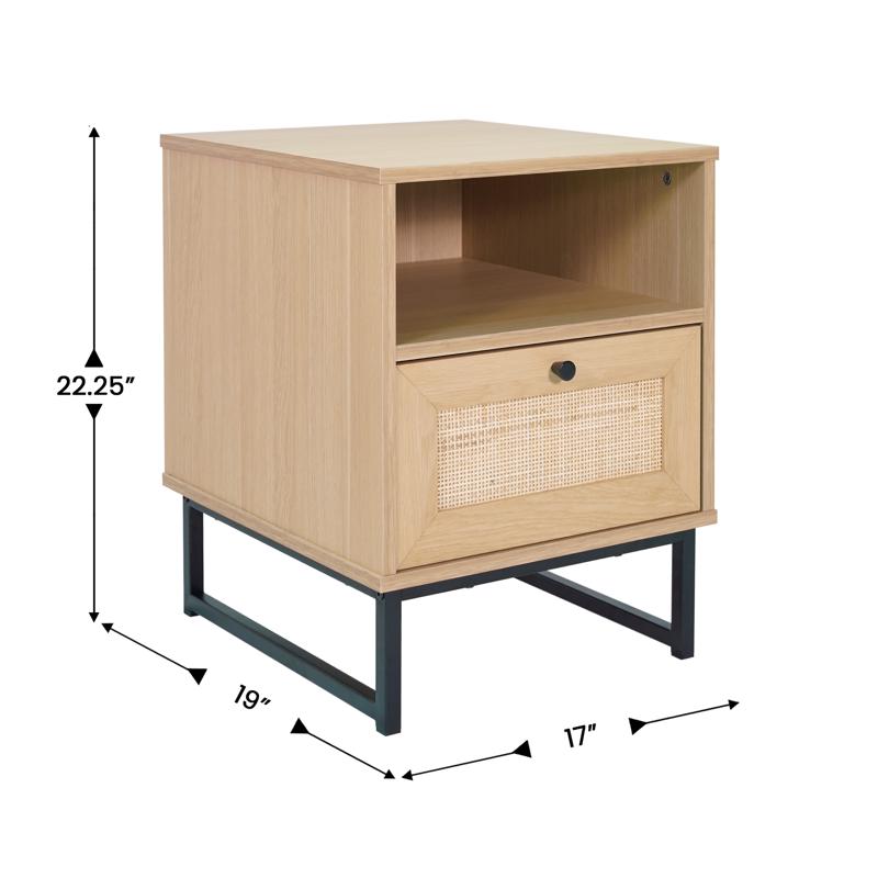 Flash Furniture Malaki Mid-Century Modern Nightstand Or End Table With Rattan Accented Drawer Open Upper Shelf And Metal Legs In Natural