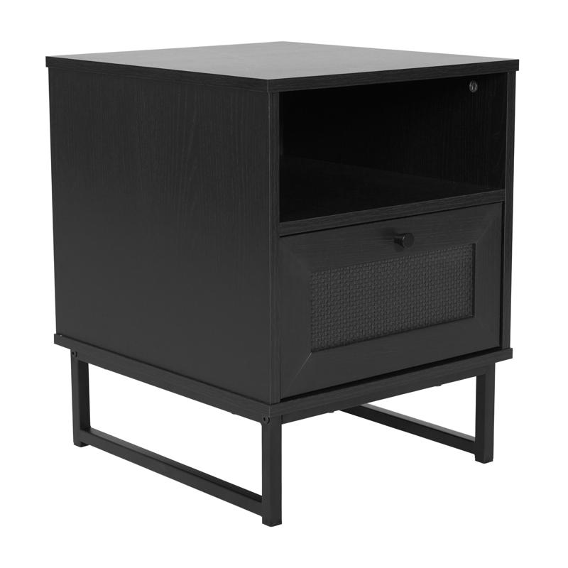 Flash Furniture Malaki Mid-Century Modern Nightstand Or End Table With Rattan Accented Drawer Open Upper Shelf And Metal Legs In Black