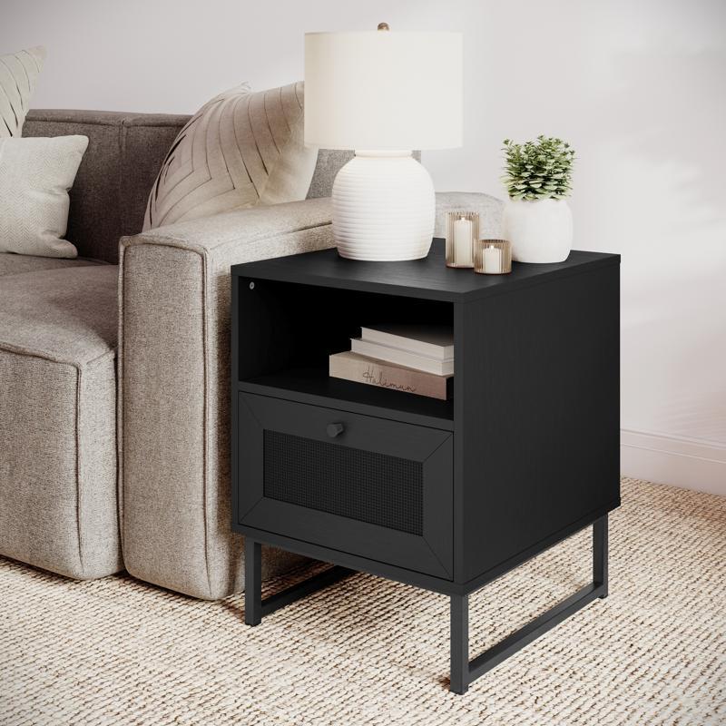 flash furniture Malaki Mid-Century Modern Nightstand or End Table with Rattan Accented Drawer Open Upper Shelf and Metal Legs in Black