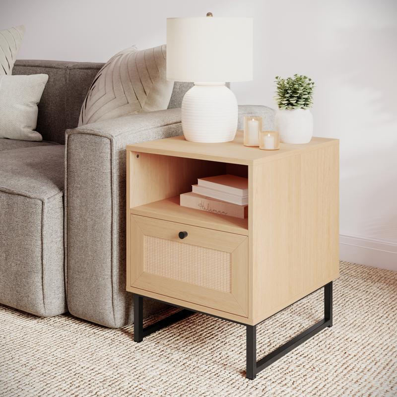 Flash Furniture Malaki Set Of 2 Mid-Century Modern Nightstands Or End Tables With Rattan Accented Drawers Open Upper Shelves And Metal Legs In Natural