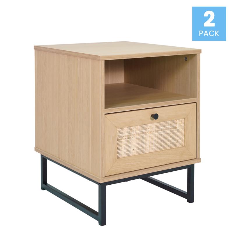 Flash Furniture Malaki Set Of 2 Mid-Century Modern Nightstands Or End Tables With Rattan Accented Drawers Open Upper Shelves And Metal Legs In Natural