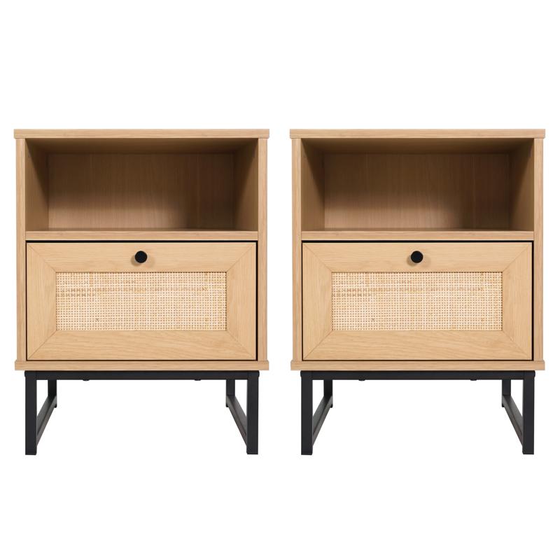 Flash Furniture Malaki Set Of 2 Mid-Century Modern Nightstands Or End Tables With Rattan Accented Drawers Open Upper Shelves And Metal Legs In Natural