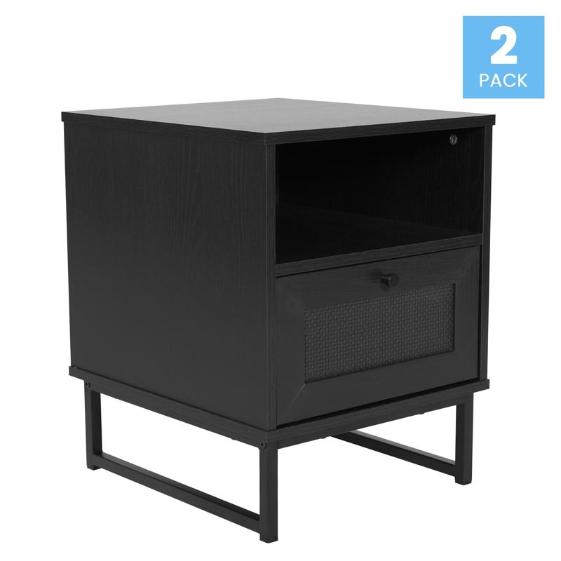 Flash Furniture Malaki Set Of 2 Mid-Century Modern Nightstands Or End Tables With Rattan Accented Drawers Open Upper Shelves And Metal Legs In Black