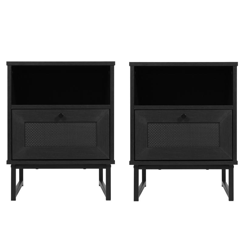 Flash Furniture Malaki Set Of 2 Mid-Century Modern Nightstands Or End Tables With Rattan Accented Drawers Open Upper Shelves And Metal Legs In Black