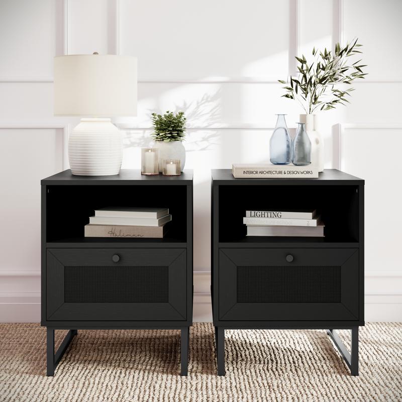 flash furniture Malaki Set of 2 Mid-Century Modern Nightstands or End Tables with Rattan Accented Drawers Open Upper Shelves and Metal Legs in Black
